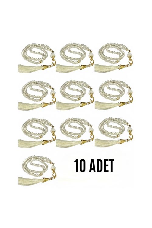 Namaz Tesbihi Vavlı 99'lu Cam İncili Esma'ul Hüsna Dua Kartı İle Krem Renk Hediyelik 10 Adet