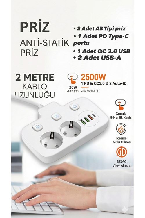 Akım Korumalı 2500W Güçlü 3 USB + Type-C Portlu Çoklu Priz | Hızlı Şarj, Çocuk Kilidi, 2 METRE