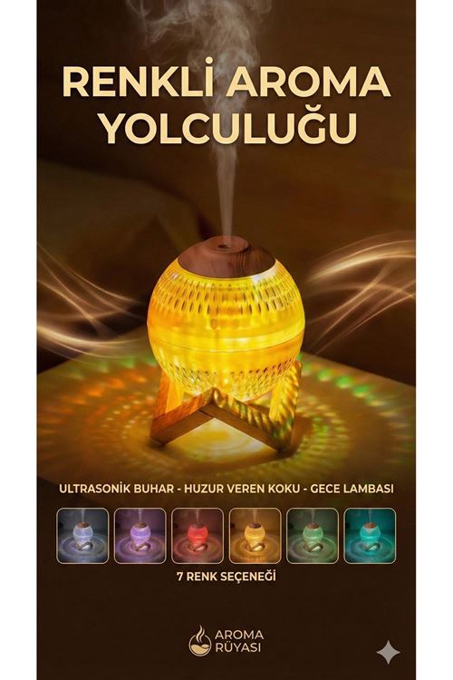 Renkli Kristal Küre Tasarımlı LED Işıklı Hava Nemlendirici – Sessiz Çalışma ve Ahşap Desenli Kapak