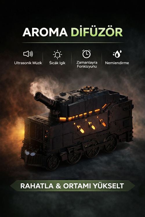 Buhar Efektli Zırhlı Tren Tasarımlı Aromaterapi Hava Nemlendirici – LED Işıklı, Sessiz ve USB Şarjlı