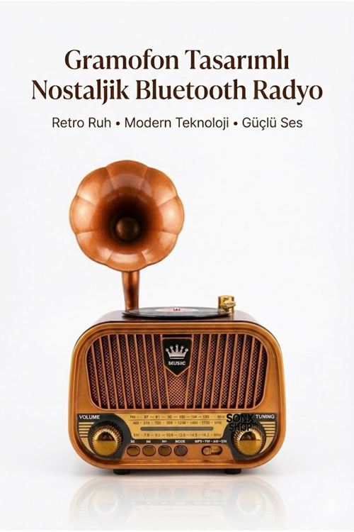 Gramofon Tasarımlı Nostaljik Bluetooth Radyo Hoparlör Müzik Çalar