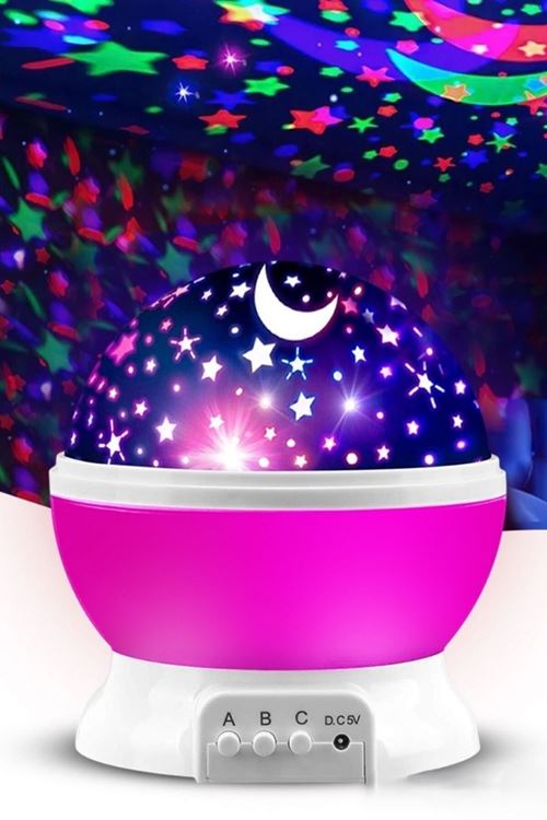 Ay ve Yıldızlı Gökyüzü Yansıtmalı Dönen Projeksiyon Gece Lambası- Çocuk Bebek Odası Pembe