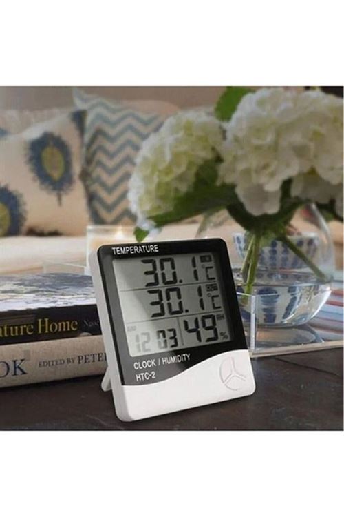 İç ve Dış Ortam Sıcaklığını Ölçebilen LCD Ekran Saat Göstergeli Alarmlı Nem Ölçer Termometre