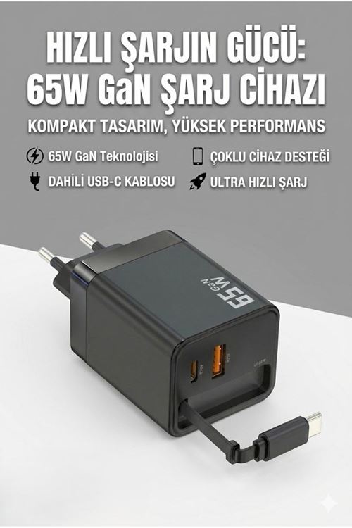 65W Süper Hızlı Şarj Cihazı | Dahili Type-C Kablo | USB-C & USB-A Çıkış | Çoklu Cihaz Desteği