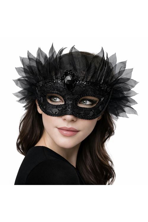 Siyah Taşlı Venedik Lüks Tüllü Parti Maskesi
