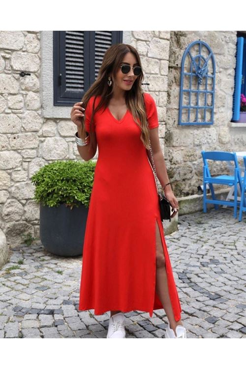 Kadın Kısa Kollu V Yakalı Maksi Boy Viskon Elbise