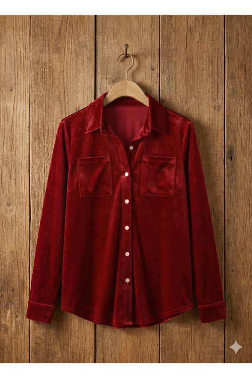 Kadın Uzun Kollu Yakalı önden Düğmeli Cep Detaylı Kadife Gömlek