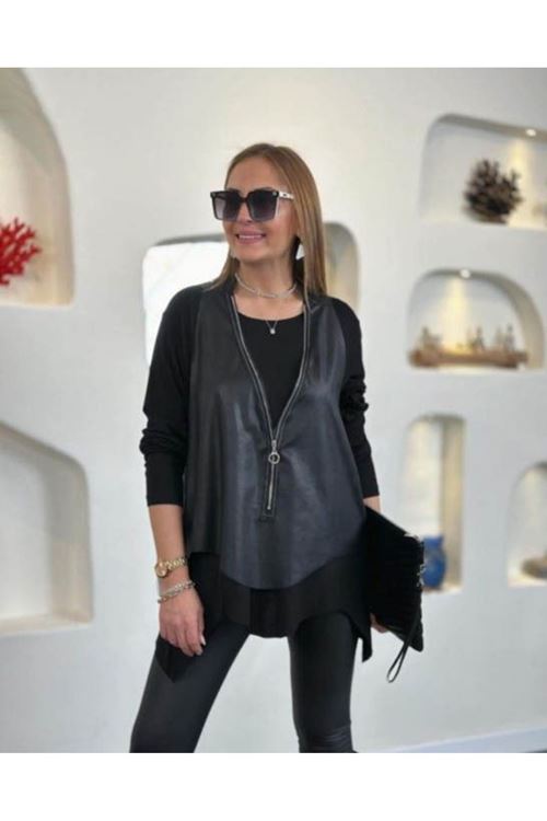 Kadın Uzun Kollu Asimetrik Kesim Viskon Bluz Ve çatlak Deri Görünümlü Yelek Ikili Takım