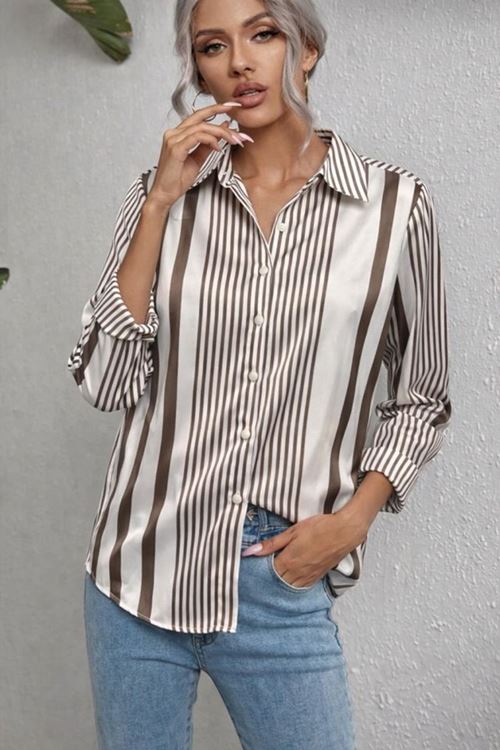 Kadın Uzun Kollu çizgi Desen Saten Gömlek