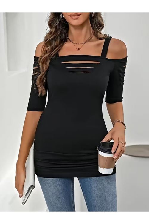 Kadın Omuzlardan Açık Askılı Lazer Kesim Detaylı Viskon Bluz