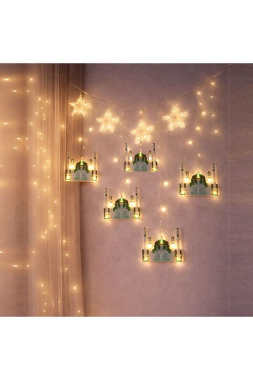 3 mt Fişli Yeşil Cami Yıldız Ramazan Perde LED