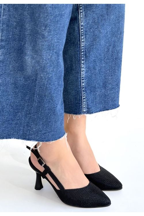 Joga Siyah Saten Simli Topuklu Ayakkabı