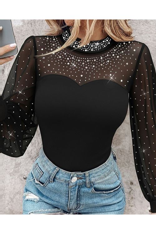 Kadın Uzun Kollu Yarı Balıkçı Yaka Taşlı Sandy Bluz