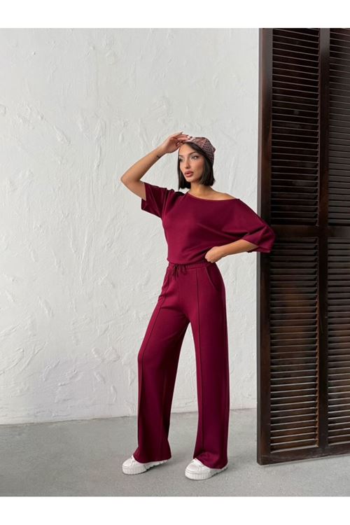 Kadın İsa Kollu Kayık Yaka Bluz Ve Pantolon Misal Kumaş Ikili Takım