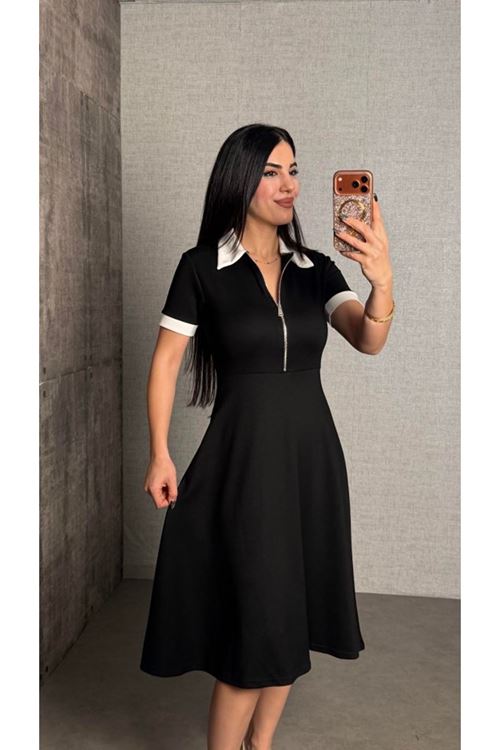 Kadın Polo Yaka Fermuar Detaylı Modal Midi Elbise