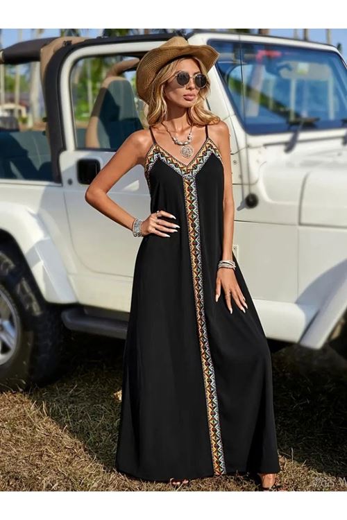 Kadın Askılı V Yakalı Etnik şerit Detaylı Uzun Viskon Elbise