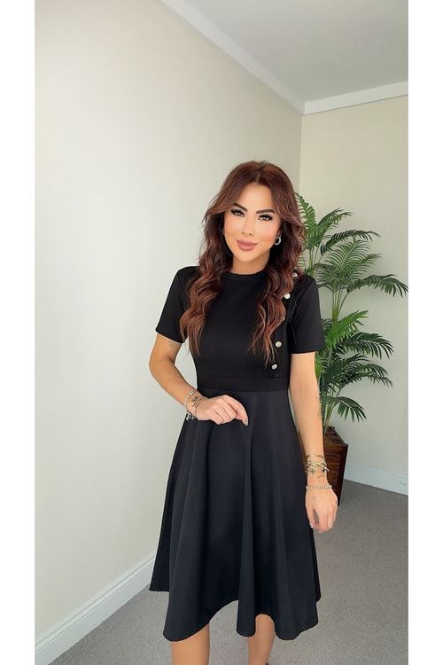 Kadın Kısa Kollu Bisiklet Yaka Gold Düğme Detay Midi Boy Elbise