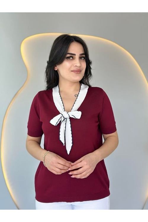Kadın Kısa Kollu V Yaka Fular Detay Merserize Triko Bbluz