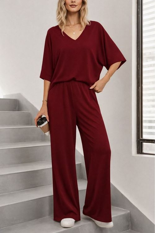 Kadın Kısa Kollu V Yakalı Viskon Bluz Ve Pantolon Ikili Takım