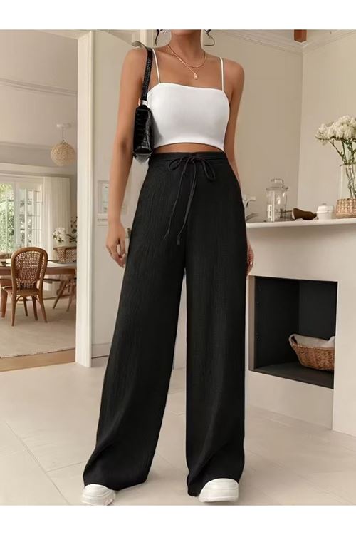 Kadın Yüksek Bel önden Bağlamalı Geniş Kesim Detaylı Uzun Pantolon