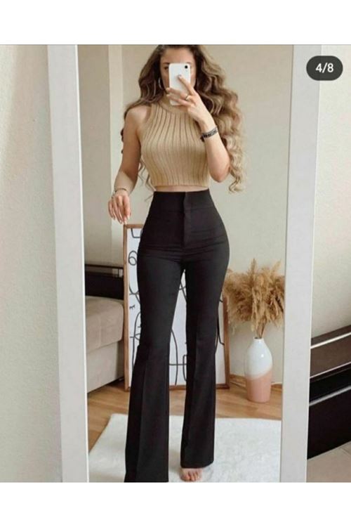 Kadın Yüksek Bel Ispanyol Paça Atlas Kumaş Pantolon