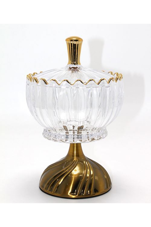 Metal Ayaklı Kristal Cam Şekerlik Gold Detaylı Sunumluk
