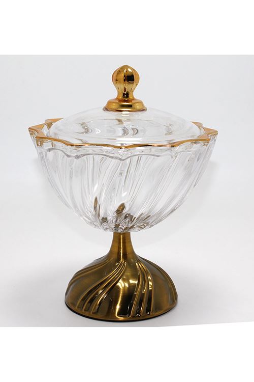 Metal Ayaklı Kristal Cam Şekerlik Gold Detaylı Sunumluk