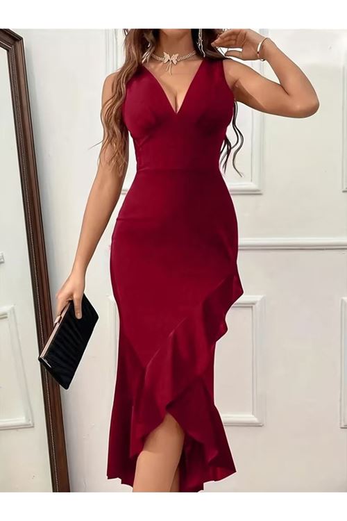 Kadın Askılı Kruvaze Yakalı önden Fırfırlı Uzun Ithal Krep Elbise