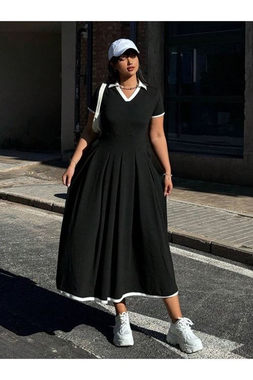 Kadın Kısa Kollu V Yakalı Pileli Uzun Janjan Krep Elbise