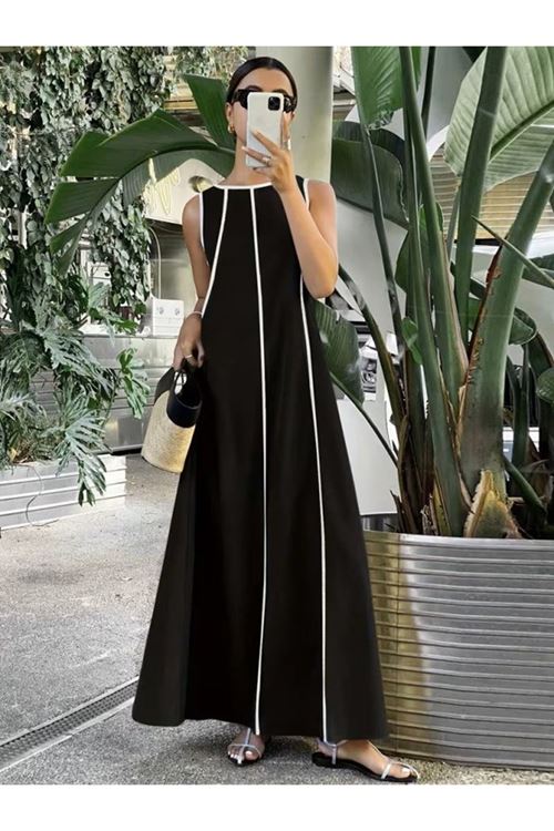 Kadın Omuzlardan Açık Yaka Ince şerit Detaylı Uzun Viskon Elbise