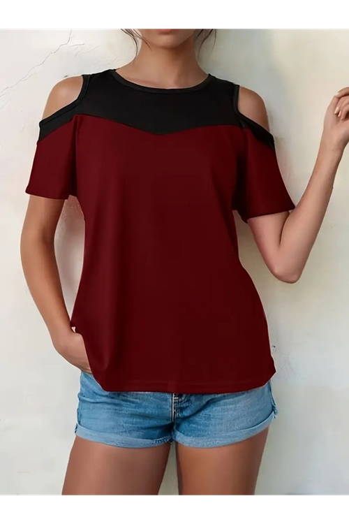 Kadın Kısa Kollu Omuzlardan Açık Detaylı çift Renkli Viskon Bluz