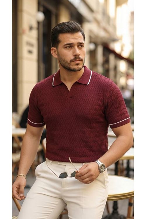 Erkek Zikzak Dokulu Yakalı Kısa Kollu Triko