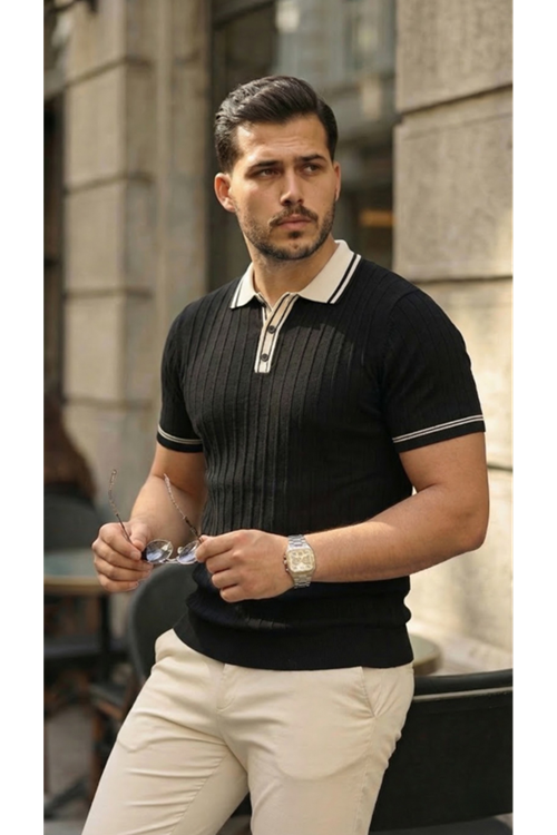 Erkek Düğme Yakalı Kontrast Yaka Triko Tişört