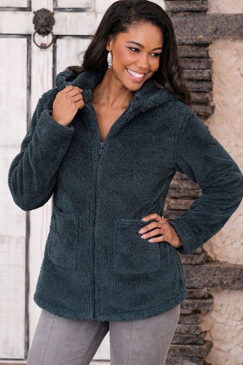 Kadın Uzun Kollu Kapşonlu önden Fermuarlı Cepli Welsoft Ceket