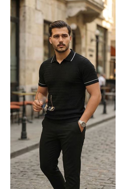 Erkek Zikzak Dokulu Yakalı Kısa Kollu Triko