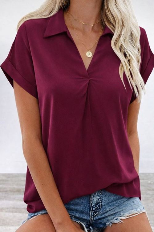 Kadın Kısa Kollu Yakalı Dokuma Viskon Bluz