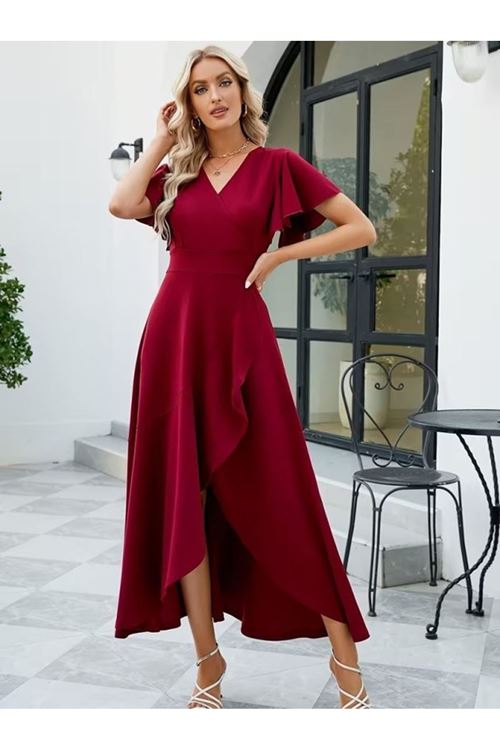 Kadın Kısa Kollu Kruvaze Yakalı ön Asimetrik Volanlı Uzun Ithal Krep Elbise
