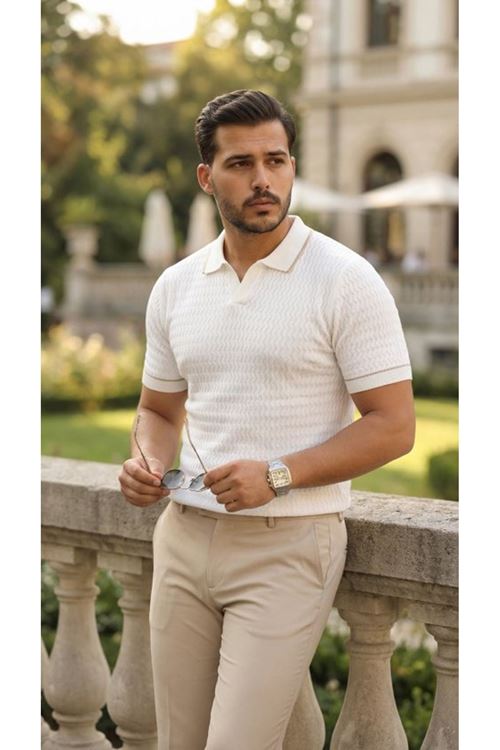 Erkek Zikzak Dokulu Yakalı Kısa Kollu Triko