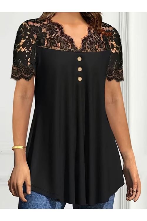 Kadın Kısa Kollu V Dantel Yakalı Düğmeli Viskon Bluz