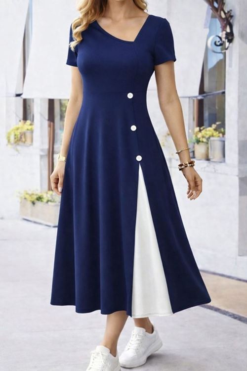 Kadın Kısa Kollu Asimetrik Yakalı Düğme Detaylı Midi Viskon Elbise