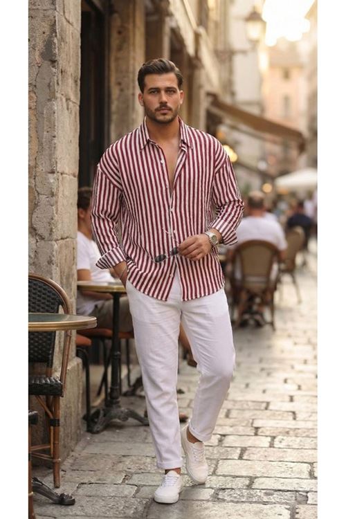 Erkek Dikey Çizgili Yarım Oversize Gömlek