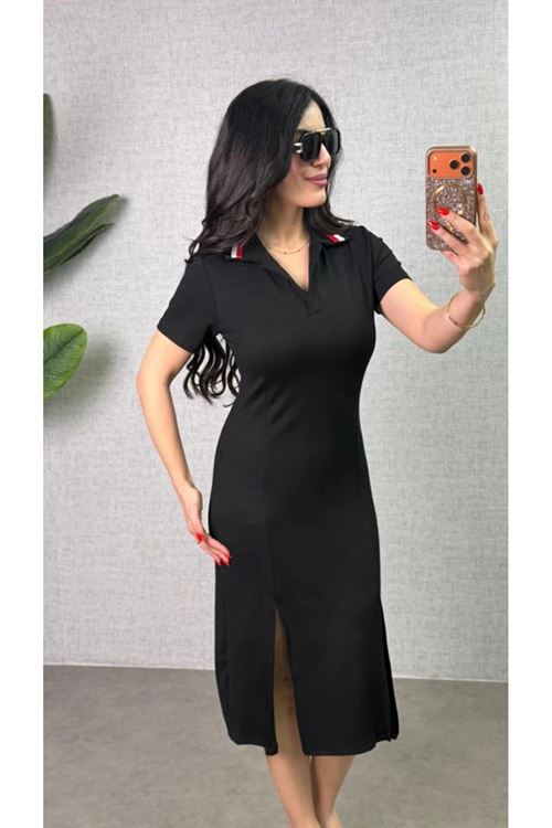 Kadın Polo Yaka çift Yırtmaç Detay Modal Kumaş Midi Boy Elbise