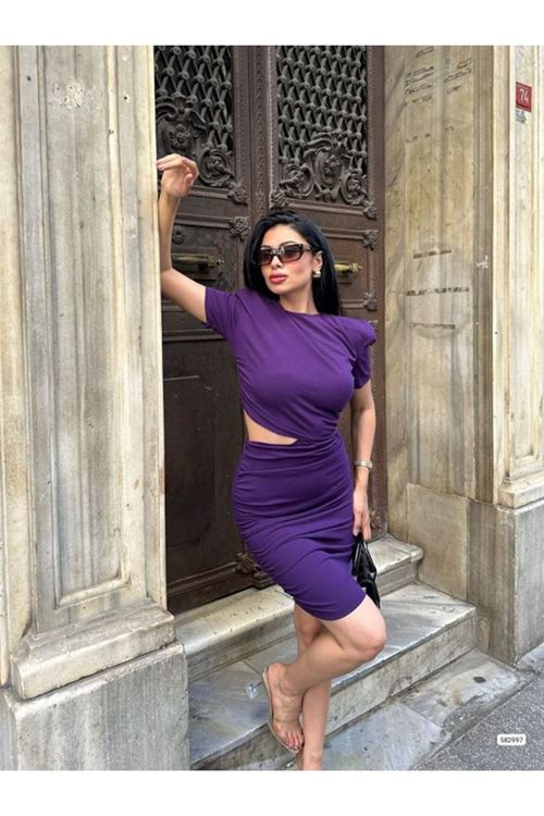 Kadın Bel Dekolteli Yanı Büzgü Detay Dalgıç Krep Kumaş Mini Elbise