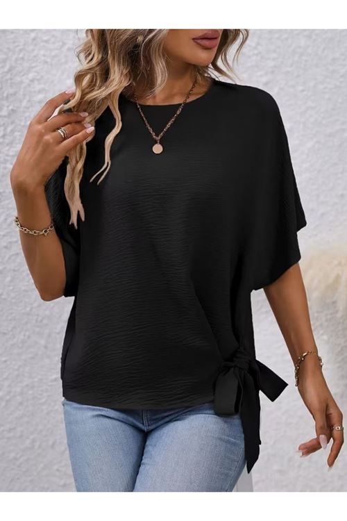 Kadın Kısa Kollu Bisiklet Yaka Yandan Bağcıklı Aerobin Bluz