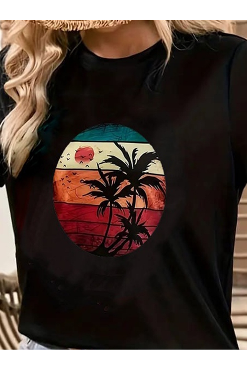 Kadın Kısa Kollu Palmiye Baskılı Viskon T-shirt