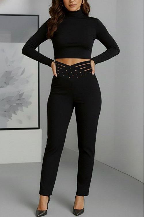 Kadın Yüksek Bel çapraz şerit Detaylı Ithal Krep Pantolon