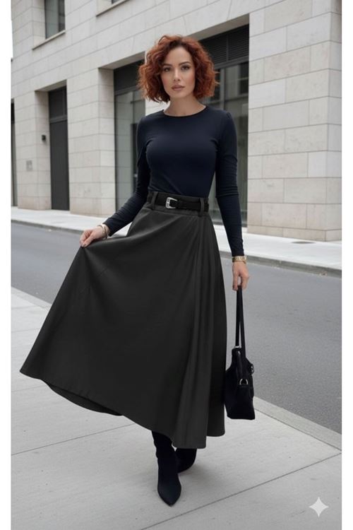 Kadın Yüksek Belli Maxi Deri Kemersiz Etek