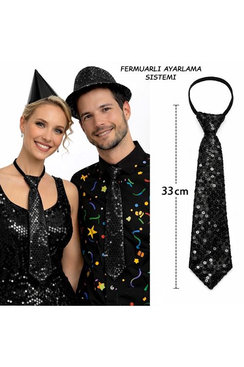 Siyah Renk Pul Payetli Işıltılı Parti Kravatı 33 cm