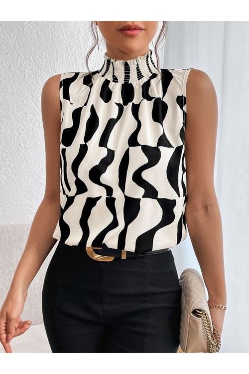 Kadın Kolsuz Balıkçı Yaka Desenli Süprem Bluz