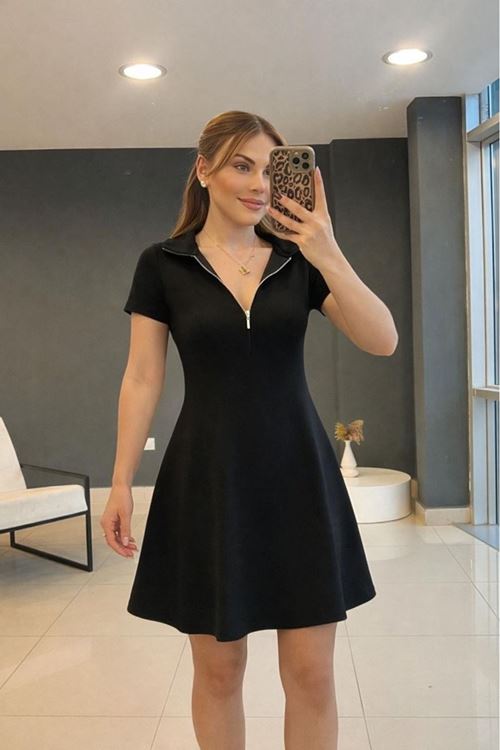Kadın Kısa Kollu Yakası Fermuarlı Kısa Viskon Iki Iplik Elbise